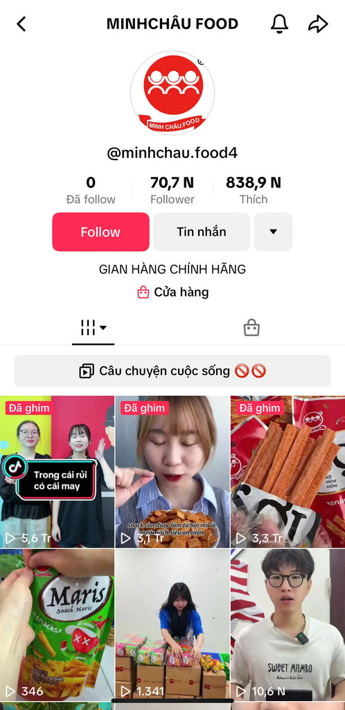 Minh Châu Food cùng gian hàng chính hãng đã có mặt trên TikTok